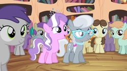 Size: 1280x720 | Tagged: safe, screencap, alula, aquamarine, cotton cloudy, diamond tiara, dinky hooves, first base, gallop j. fry, heidi hay, noi, peach fuzz, pluto, ruby pinch, silver spoon, tornado bolt, g4, season 4, twilight time