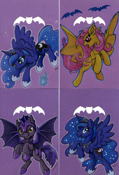 Size: 859x1264 | Tagged: safe, artist:jenkiwi, fluttershy, princess luna, alicorn, bat, bat pony, pony, g4, female, flutterbat, mare, night guard, rearing, spread wings, traditional art