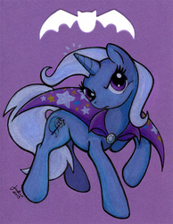 Size: 461x593 | Tagged: safe, artist:jenkiwi, trixie, bat, pony, unicorn, g4, cape, clothes, female, mare, solo, traditional art