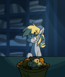 Size: 1024x1210 | Tagged: safe, artist:cinnamonsand, derpy hooves, pegasus, pony, g4, slice of life (episode), basket, female, mare, muffin, scene interpretation, solo