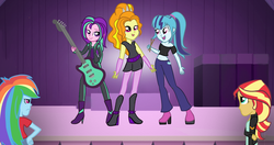 Size: 1366x720 | Tagged: safe, artist:amber flicker, adagio dazzle, aria blaze, rainbow dash, sonata dusk, sunset shimmer, equestria girls, g4, alternate clothes, alternate hairstyle, belly button, boots, clothes, cover art, drumsticks, guitar, midriff, off shoulder, stage, the dazzlings