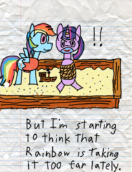 Size: 600x783 | Tagged: safe, artist:fonypan, artist:sweetie belle, rainbow dash, twilight sparkle, alicorn, pony, g4, bondage, bookworm, female, lined paper, mare, pirate dash, stylistic suck, sweetie's jurnal, tied up, twilight sparkle (alicorn)
