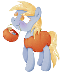 Size: 823x971 | Tagged: safe, artist:patchnpaw, derpy hooves, pegasus, pony, g4, candy, clothes, costume, female, halloween, mare, mouth hold, muffin, pumpkin, pumpkin bucket, simple background, transparent background, trick or treat, wingding eyes