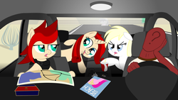 Size: 1920x1080 | Tagged: safe, artist:anonymousdrawfig, oc, oc only, oc:aryanne, oc:red pone (8chan), oc:ruby (8chan), /pone/, 8chan, car, clothes, desert, driving, magazine, map, raised hoof, rare donkey, red anon, road, road trip, scarf