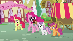 Size: 1280x720 | Tagged: safe, edit, edited screencap, screencap, apple bloom, pinkie pie, scootaloo, sweetie belle, g4, the one where pinkie pie knows, cutie mark crusaders, markless edit, wingboner
