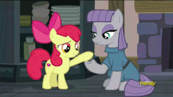Size: 800x450 | Tagged: safe, screencap, apple bloom, boulder (g4), maud pie, earth pony, pony, g4, hearthbreakers, animated, discovery family logo, female, petting