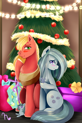 Size: 1000x1500 | Tagged: safe, artist:kitsunehino, big macintosh, marble pie, smarty pants, earth pony, pony, g4, hearthbreakers, christmas tree, hearth's warming eve, male, present, ship:marblemac, shipping, stallion, straight, tree