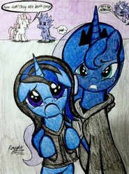 Size: 2153x2914 | Tagged: safe, artist:darkest-lunar-flower, princess luna, oc, oc:bubble blow pop, oc:darkest lunar flower, alicorn, dragon, pegasus, pony, unicorn, g4, crying, emo, high res, sad, traditional art