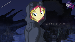 Size: 2560x1440 | Tagged: safe, artist:ngrycritic, sunset shimmer, equestria girls, g4, batman, catwoman, clothes, crossover, dc comics, female, gotham, hoodie, selina kyle, solo, style emulation, uotapo-ish