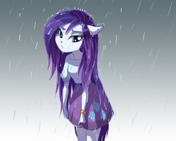 Size: 750x600 | Tagged: safe, artist:rahdys, rarity, human, equestria girls, g4, barrette, bracelet, clothes, eared humanization, female, floppy ears, humanized, ponied up, rain, skirt, solo, wet, wet hair, wet mane rarity