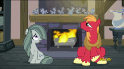 Size: 800x450 | Tagged: safe, edit, screencap, big macintosh, marble pie, pinkie pie, earth pony, pony, g4, hearthbreakers, animated, bouncing, discovery family logo, eyes closed, falling, fireplace, frown falling, gritted teeth, loop, male, pie twins, prone, raised hoof, reversed, sisters, sitting, smiling, stallion, twins, watching, weird rock