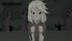 Size: 1280x720 | Tagged: safe, artist:ngrycritic, applejack, zombie, equestria girls, g4, amc, angry, chains, clearing, clothes, crossover, female, fist, forest, hatless, missing accessory, silhouette, solo, style emulation, the walking dead, uotapo-ish