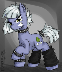 Size: 1200x1392 | Tagged: safe, artist:flutterthrash, limestone pie, g4, hearthbreakers, bracelet, female, leg warmers, looking at you, metal, punk, smiling, solo, spiked wristband, spikes