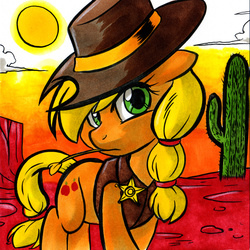 Size: 1525x1525 | Tagged: safe, artist:joshuadraws, applejack, g4, badge, clothes, desert, female, hat, haystick, looking at you, missing freckles, sheriff, solo, sun, western, wild west