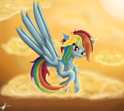 Size: 1000x900 | Tagged: safe, artist:charlottelanoire, rainbow dash, g4, chest fluff, cloud, cloudy, female, looking at you, sky, smirk, solo