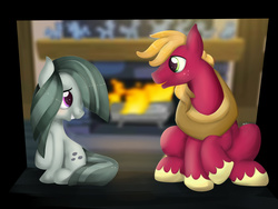 Size: 4000x3000 | Tagged: safe, artist:blackligerth, big macintosh, marble pie, earth pony, pony, g4, hearthbreakers, fireplace, high res, male, ship:marblemac, shipping, sitting, smiling, stallion, straight