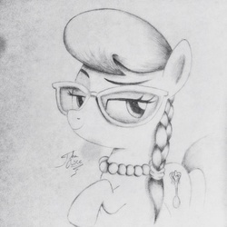 Size: 1024x1024 | Tagged: safe, artist:theasce, silver spoon, earth pony, pony, g4, female, looking at you, monochrome, solo, traditional art