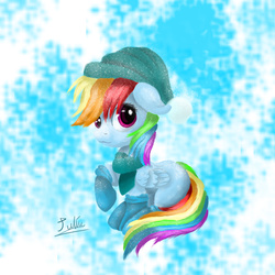 Size: 6000x6000 | Tagged: dead source, safe, artist:spectrumblaze, rainbow dash, pegasus, pony, g4, absurd resolution, beanie, clothes, female, hat, looking at you, scarf, snow, snowfall, socks, solo, winter