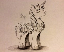 Size: 2048x1660 | Tagged: safe, artist:theasce, shining armor, g4, armor, male, monochrome, solo, traditional art