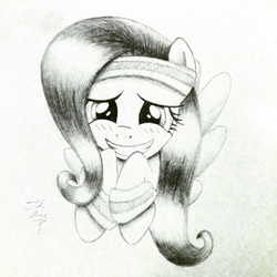 Size: 1024x1024 | Tagged: safe, artist:theasce, fluttershy, g4, blushing, female, looking at you, monochrome, solo, sweatband, traditional art