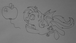 Size: 1280x733 | Tagged: safe, artist:notenoughapples, fluttershy, bat pony, pony, g4, apple, balloon, female, flutterbat, flying, monochrome, smiling, solo, traditional art