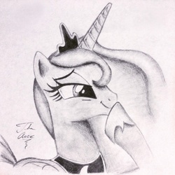 Size: 1024x1024 | Tagged: safe, artist:theasce, princess luna, bloom & gloom, g4, female, laughing, monochrome, solo, traditional art