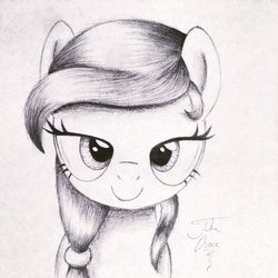 Size: 1024x1024 | Tagged: safe, artist:theasce, oc, oc only, oc:cream heart, earth pony, pony, bedroom eyes, black and white, female, grayscale, looking at you, mare, monochrome, portrait, simple background, sketch, smiling, solo, traditional art, white background