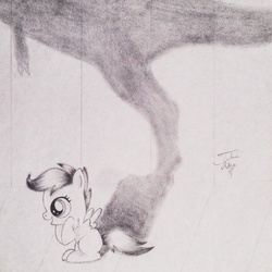 Size: 1024x1024 | Tagged: safe, artist:theasce, scootaloo, g4, female, monochrome, shadow, solo, traditional art