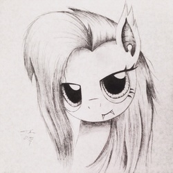 Size: 1024x1024 | Tagged: safe, artist:theasce, fluttershy, bat pony, pony, g4, fangs, female, flutterbat, looking at you, monochrome, solo, traditional art