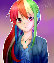 Size: 1000x1176 | Tagged: safe, artist:rubyblossomva, rainbow dash, human, g4, anime, clothes, female, humanized, necklace, pendant, signature, solo