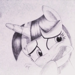 Size: 1024x1024 | Tagged: safe, artist:theasce, twilight sparkle, g4, party pooped, female, monochrome, solo, they're just so cheesy, traditional art