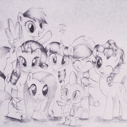 Size: 1024x1024 | Tagged: safe, artist:theasce, applejack, fluttershy, pinkie pie, rainbow dash, rarity, spike, twilight sparkle, g4, looking at you, mane seven, mane six, monochrome, tongue out, traditional art