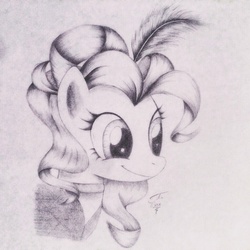 Size: 1024x1024 | Tagged: safe, artist:theasce, pinkie pie, g4, feather, female, monochrome, smiling, solo, traditional art