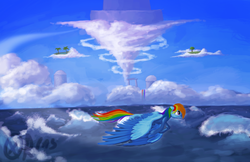 Size: 1600x1035 | Tagged: safe, artist:xormak, rainbow dash, g4, cloud, cloud islands, cloudy, female, flying, large wings, scenery, solo