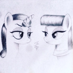 Size: 1024x1024 | Tagged: safe, artist:theasce, maud pie, moonlight raven, pony, unicorn, canterlot boutique, g4, eye contact, female, mare, monochrome, traditional art