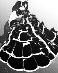 Size: 1024x1280 | Tagged: safe, artist:helixjack, princess luna, alicorn, anthro, g4, bow, clothes, commission, dress, female, gloves, goth, gown, latex, latex dress, monochrome, poofy shoulders, rubber, solo