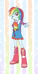 Size: 583x1127 | Tagged: safe, artist:rahdys, rainbow dash, equestria girls, g4, armpits, boots, clothes, dress, fall formal outfits, female, looking at you, skirt, solo, wink