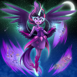 Size: 2000x2000 | Tagged: safe, artist:meotashie, sci-twi, twilight sparkle, equestria girls, g4, my little pony equestria girls: friendship games, clothes, female, floating, high res, midnight sparkle, portal, sharp teeth, solo