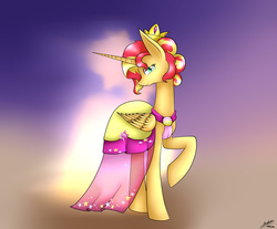 Size: 3024x2500 | Tagged: safe, artist:midfire, sunset shimmer, alicorn, pony, g4, alicornified, clothes, dress, female, gala dress, high res, race swap, shimmercorn, solo