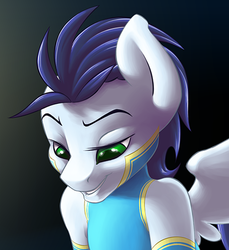 Size: 436x477 | Tagged: source needed, useless source url, safe, artist:jarwis, edit, soarin', anthro, g4, bedroom eyes, cropped, explicit source, male, smirk, solo, wonderbolts uniform