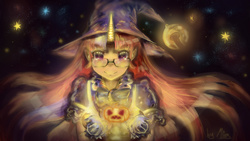 Size: 1920x1080 | Tagged: safe, artist:miniiming, moondancer, human, g4, bell, clothes, costume, cute, dancerbetes, female, glasses, gloves, halloween, hat, holiday, horn, horned humanization, humanized, jack-o-lantern, looking at you, magic, pumpkin, smiling, solo, sparkles, witch, wizard hat