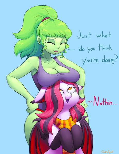 1806850 - suggestive, artist:earthpone, derpibooru import, oc, oc:anneal,  oc:windseeker, unofficial characters only, anthro, bat pony, big breasts, boob  squish, breasts, eye contact, fangs, female, females only, holding hands,  lesbian, looking at each
