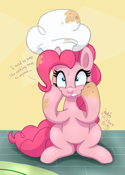 Size: 1500x2100 | Tagged: safe, artist:joakaha, pinkie pie, earth pony, pony, g4, the one where pinkie pie knows, chef's hat, female, hat, hooves on cheeks, messy, scene interpretation, sitting, solo, sweat, talking to herself, wide eyes