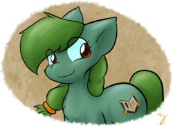 Size: 1809x1318 | Tagged: safe, artist:zutcha, oc, oc only, oc:lonely day, earth pony, pony, ponies after people, brown eyes, female, green fur, green hair, green mane, smiling, solo