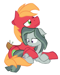 Size: 1440x1802 | Tagged: artist needed, source needed, safe, big macintosh, marble pie, earth pony, pony, g4, alternate hairstyle, bedroom eyes, cuddling, female, floppy ears, hug, male, mare, ship:marblemac, shipping, simple background, size difference, smiling, snuggling, stallion, straight, transparent background