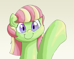 Size: 2620x2084 | Tagged: safe, artist:seenty, oc, oc only, oc:budding spring, female, high res, mare, simple background, smiling, solo, waving, yellow background
