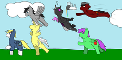 Size: 2976x1460 | Tagged: safe, artist:bloatable, oc, oc:jason controlwing, oc:lito von skittlez, oc:shin akira, oc:sparkplug socket, oc:techno trance, oc:zephyr changewing, changeling, earth pony, pegasus, pony, unicorn, alternate mane six, angry face, cloudsdale, dancing, exclamation point, fat, flying, male, oc six, out of breath, punch, purple changeling, scared