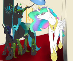 Size: 1200x1000 | Tagged: safe, artist:backlash91, princess celestia, queen chrysalis, alicorn, changeling, changeling queen, pony, g4, alternate hairstyle, armor, crown, female, guard, headdress, raised hoof, regalia