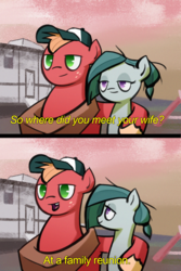 Size: 1060x1590 | Tagged: safe, artist:stupchek, big macintosh, marble pie, earth pony, pony, g4, adventure in the comments, alabama, baseball cap, comic, dialogue, hat, implied incest, jeff dunham, larger male, male, pseudoincest, redneck, ship:marblemac, shipping, smaller female, stallion, straight
