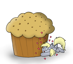 Size: 1600x1400 | Tagged: safe, artist:blayaden, derpy hooves, pegasus, pony, g4, female, giant muffin, mare, muffin, solo, that pony sure does love muffins